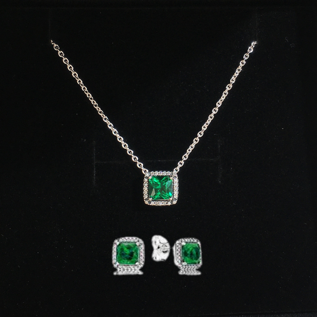 Juego Collar y Aretes Zirconia Cubica Verde