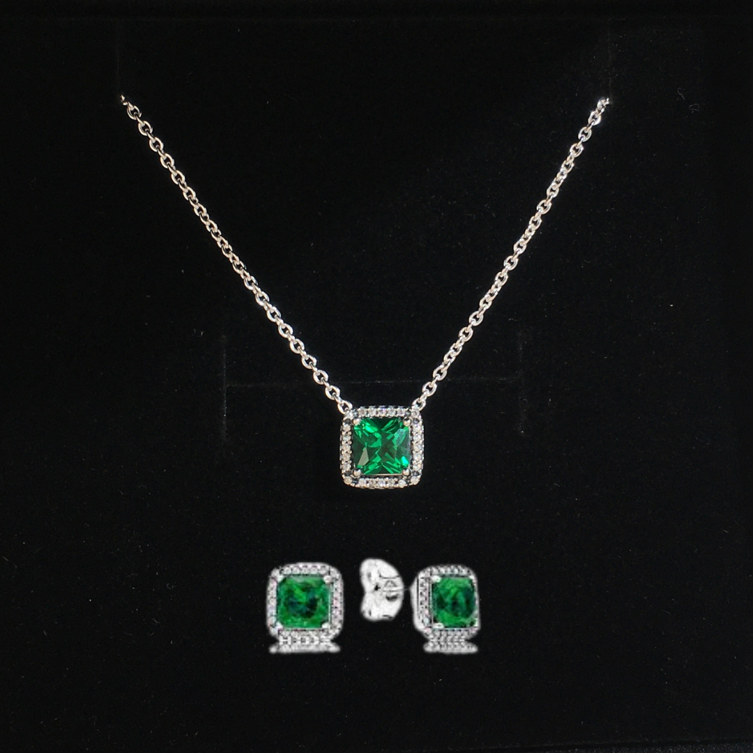 Juego Collar y Aretes Zirconia Cubica Verde