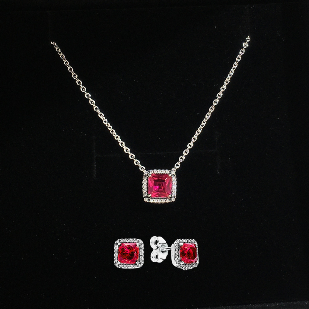 Juego Collar y Aretes Zirconia Cubica Roja