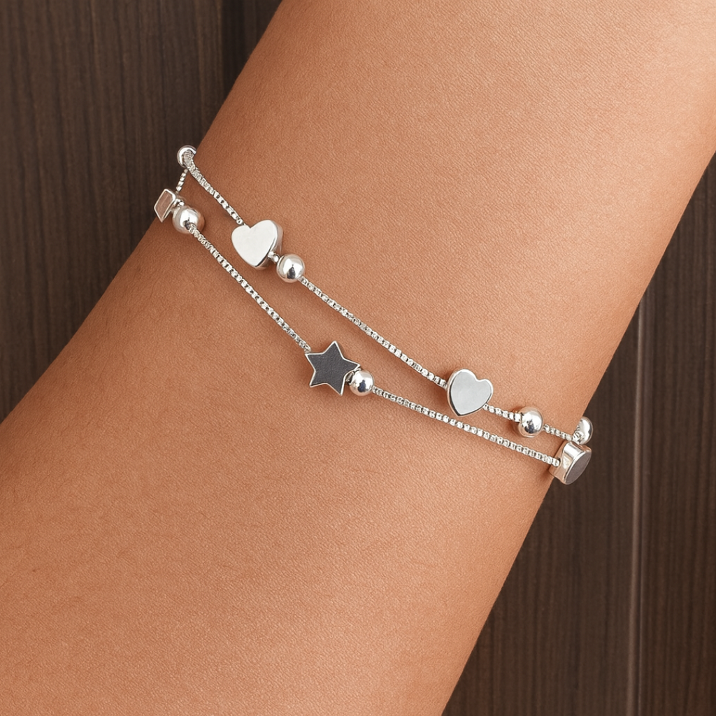 Pulsera Doble Corazones y Estrellas