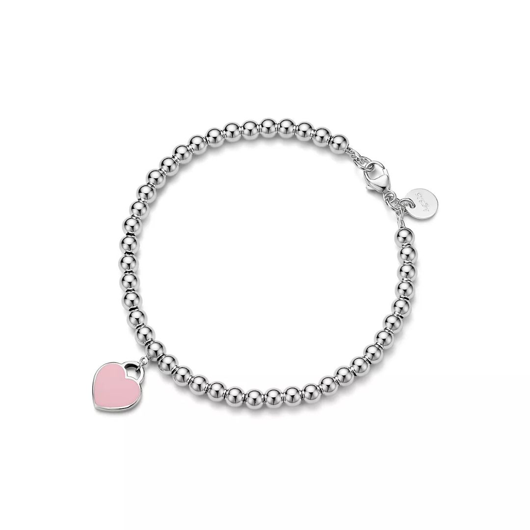 Pulsera Tiffany con Bolitas y Minicorazón Rosa
